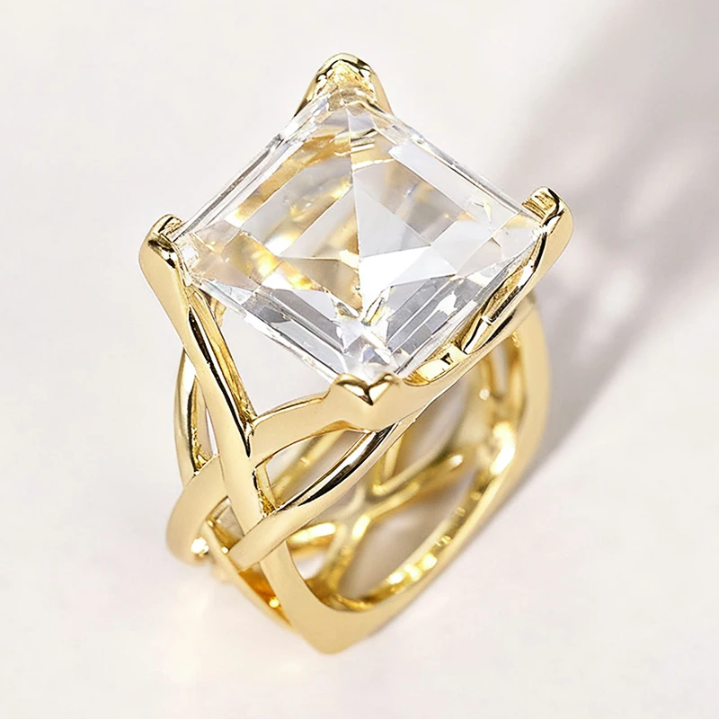 Huitan Ring mit hohlem Kreuz-Design für Damen, goldfarben, mit leuchtend weiß/blauem CZ, modisches Hochzeitszubehör, eleganter Partyschmuck – Detail 4