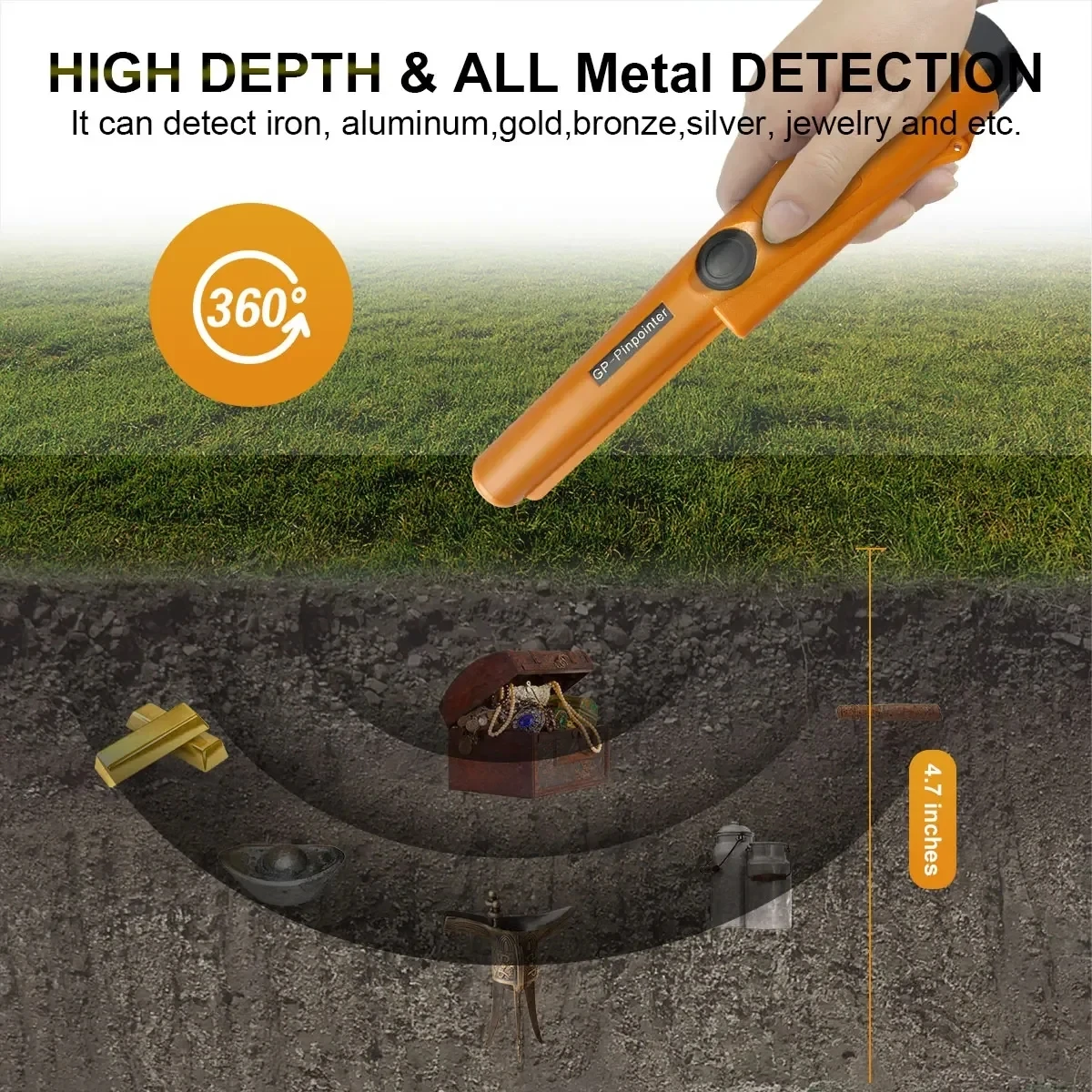 Treasure Hunter GP Pointer Professional Handheld Metal Detector Finder Waterproof Pinpointer Probe Pinpointing 360 Side Scan