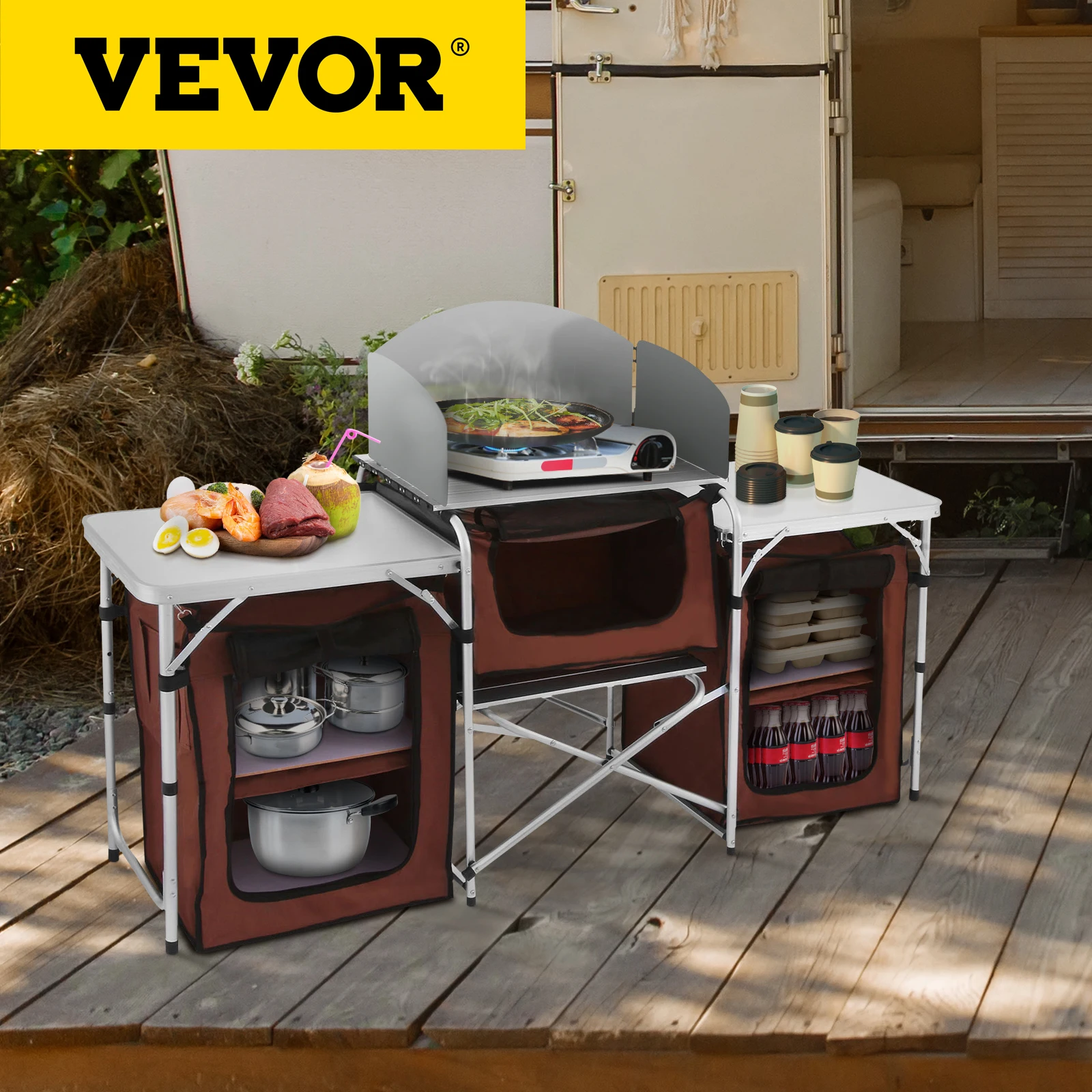 

VEVOR Camping Outdoor Kitchen Table Cabinet Foldable Folding Cooking Storage Rack X-Shaped Aluminum Alloy Bracket for BBQ Picnic