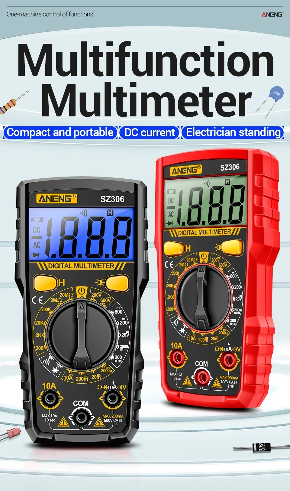 Intelligentes Digitalmultimeter ANENG SZ306 Professionelles AC/DC-Spannungsmessgerät DC-Strom Widerstand Diode 20M Ohm Multimeter-Testgerät – Detail 1