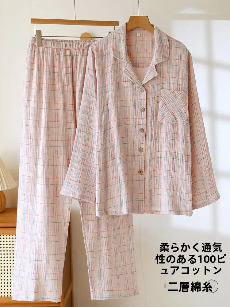 vetements-d'interieur-pour-femmes-100-coton-printemps-automne-en-flanelle-de-coton-pur-a-carreaux-double-couche-crepe-ajustes