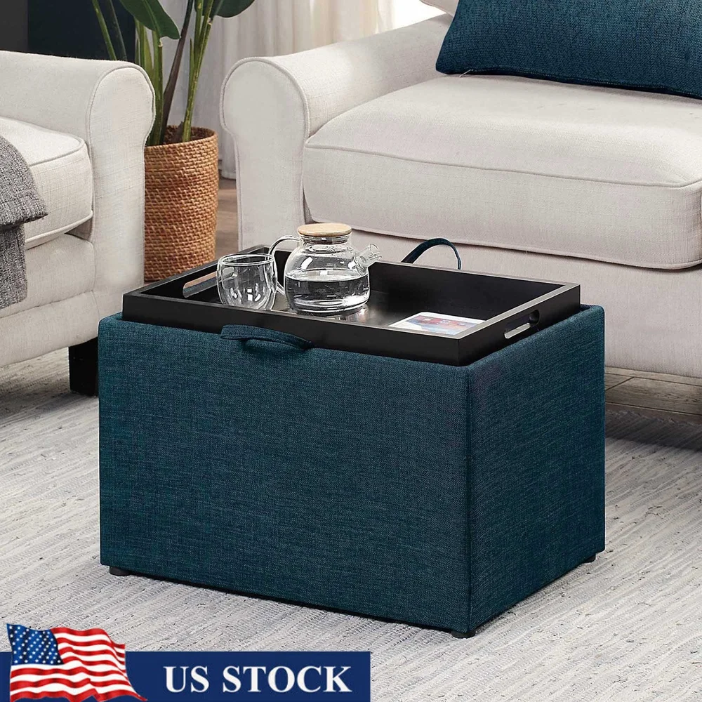 

Modern Storage Ottoman with Reversible Tray Soft Cushion Durable Wood Frame Indoor Use Versatile Coffee Table and Seat