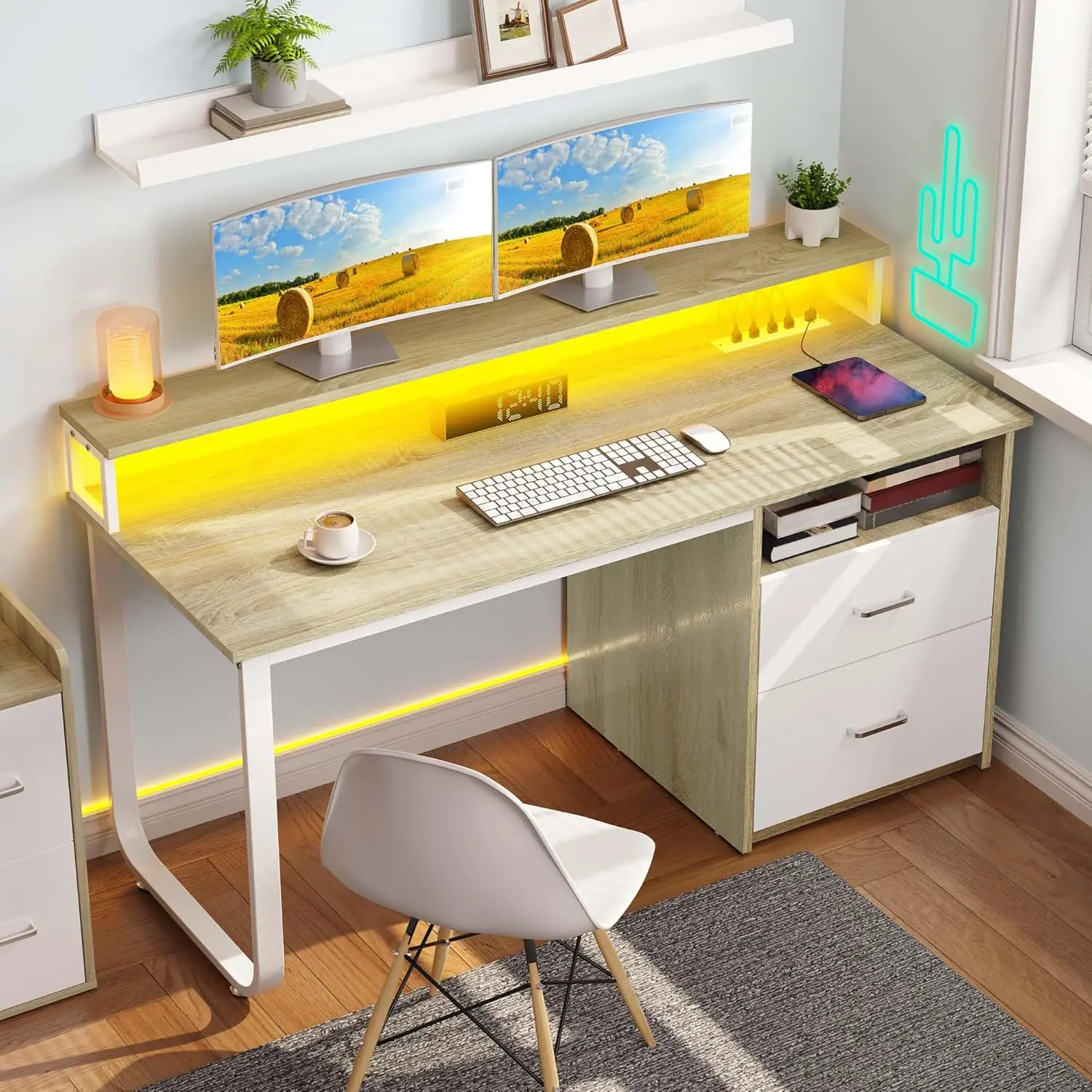 

Computer Desk with Drawers, 55" Office Desk with Power Outlets & LED Light, Home Office Desk with Storage Shelves, White & Oak