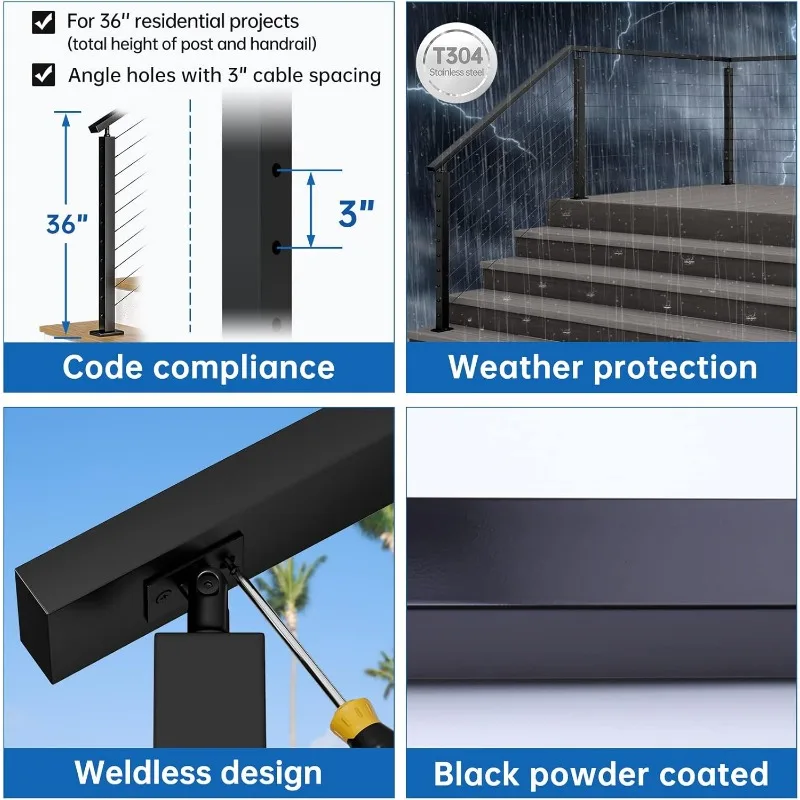 สีดําบันไดราวบันไดโพสต์องศาบันได Surface Mount T304 สแตนเลสสตีลราวบันไดชุดระบบในร่มกลางแจ้ง