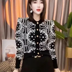 Fashion Heavy Knitted Cardigan Coat Autum Winter Clothing 2024 Sueter Mujer Chic Beading Pull Femme Vintage Knitted Sweater Tops