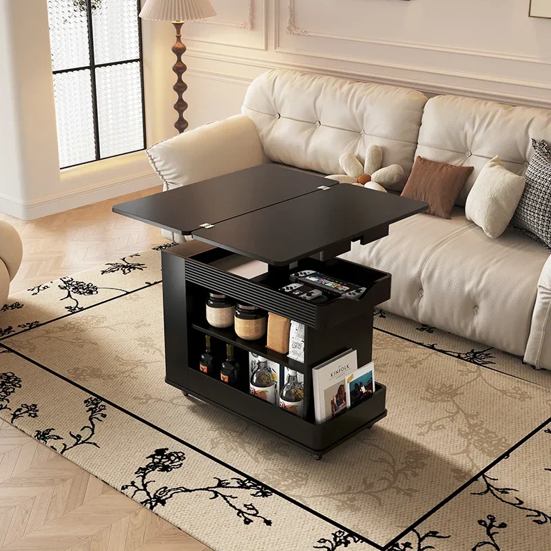 French retro solid wood, side table can be lifted and moved coffee table, medieval living room trolley folding sofa side cabinet