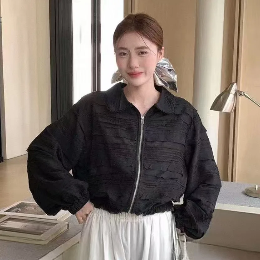 

Корейская винтажная куртка-жакет с кружевной бахромой, длинным рукавом, воротником-стойкой и молнией, женская верхняя одежда для весенней моды