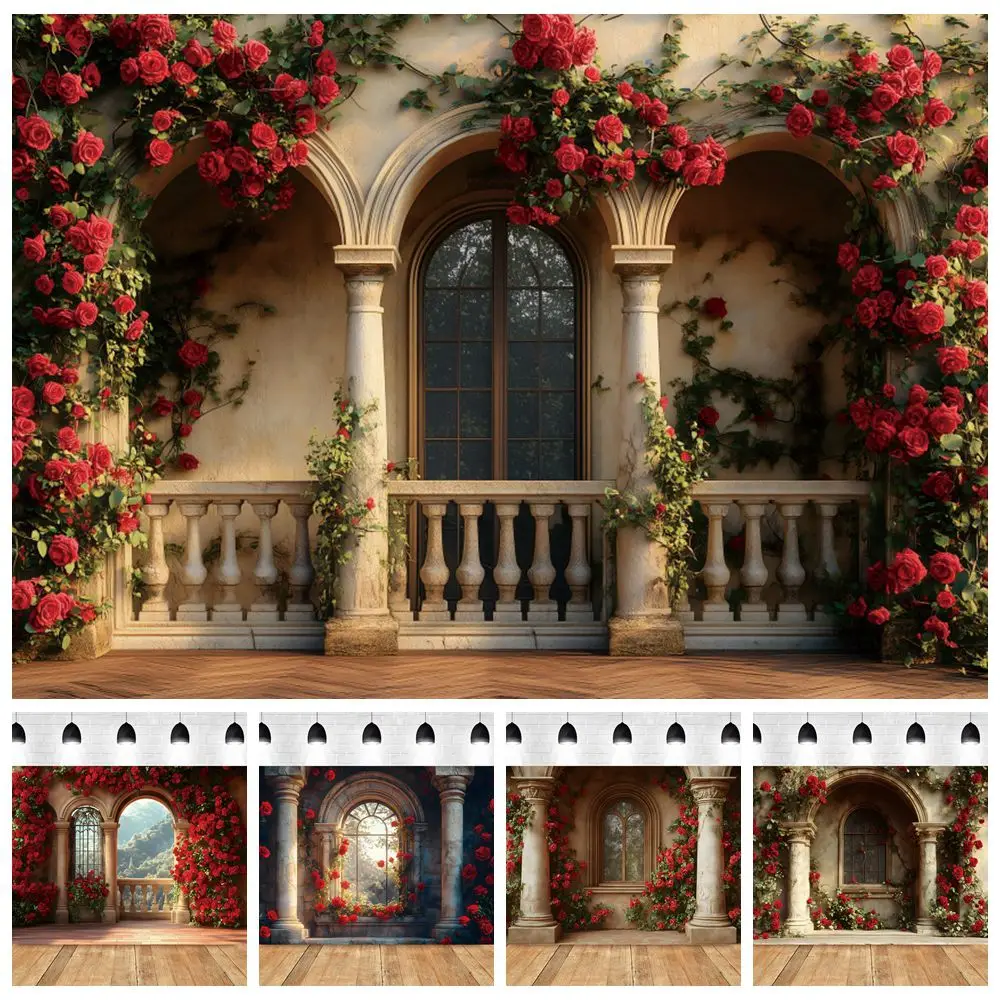 

Spring Garden Photography Backdrop Red Roses Columns Kids Birthday Wedding Party Maternity Art Portrait Photocall Background