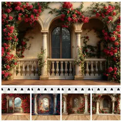 Spring Garden Photography Backdrop Red Roses Columns Kids Birthday Wedding Party Maternity Art Portrait Photocall Background