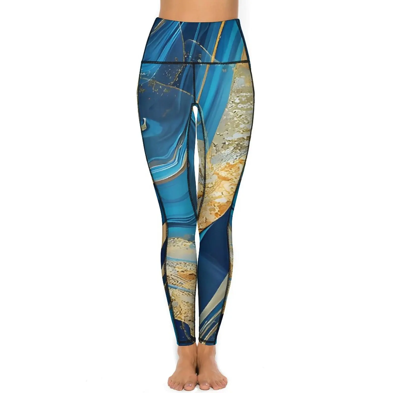 Blue And Gold Marble Print Yoga Pants With Pockets  Leggings Sexy Push Up Kawaii Yoga Sports Tights Stretchy Fitness Gym Leggins