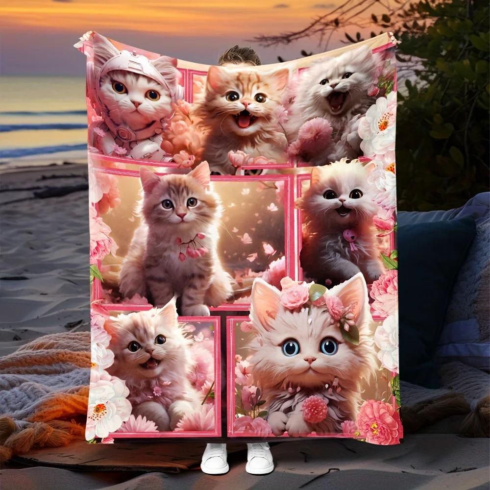 1pc Cozy Cute Cat Pink Flower Splicing Blanket Lightweight Flannel Digital Printing Fleece Blanket For Sofa Office Couch Bed Tra