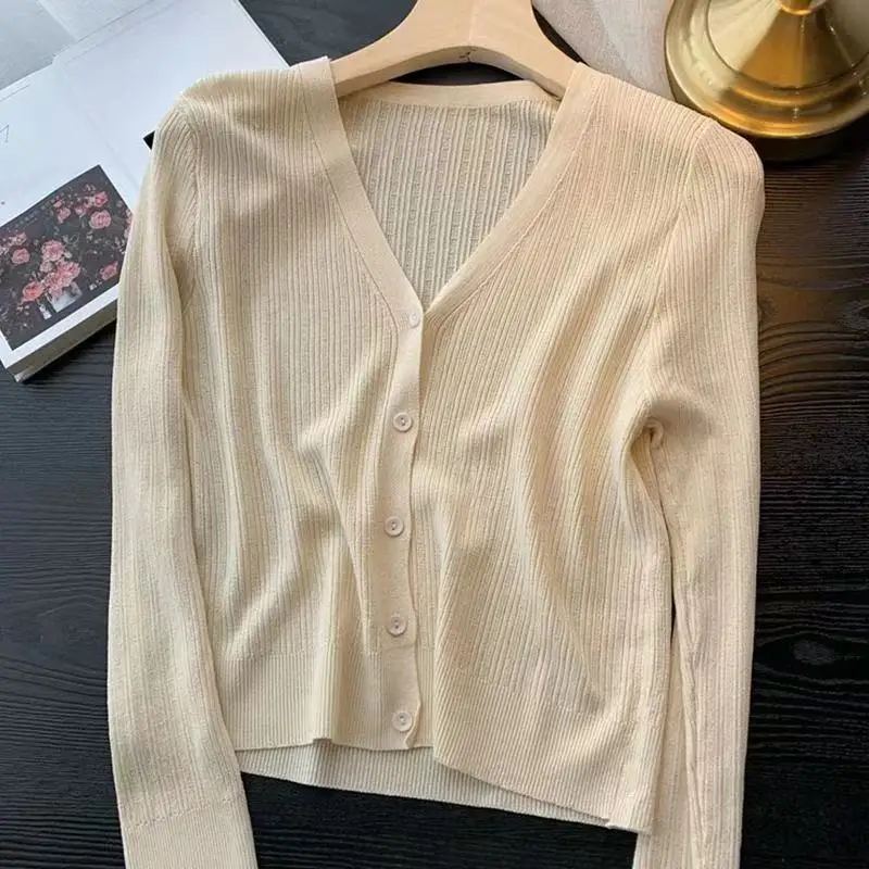 Thin Knitted Cardigan Women Spring Summer Ice Silk Gentle Classical V-neck Solid Slim Sunproof Tops Simple Leisure Fashion New