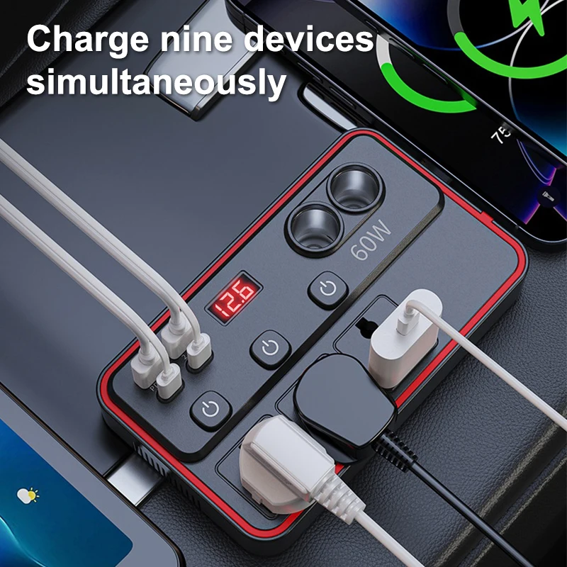 150W Car Inverter DC12V/24V To 220V Converter LED Display Sockets Independent Switch Power Inverter Adapter USB Type-C Charger