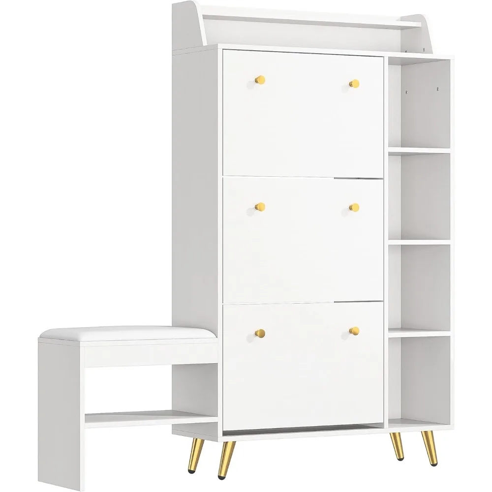 Shoe Cabinet with 9 Flip Drawers,Shoe Storage Cabinet with 3 Hooks & Bench,Hidden Slim Shoes Organizer Cabinet