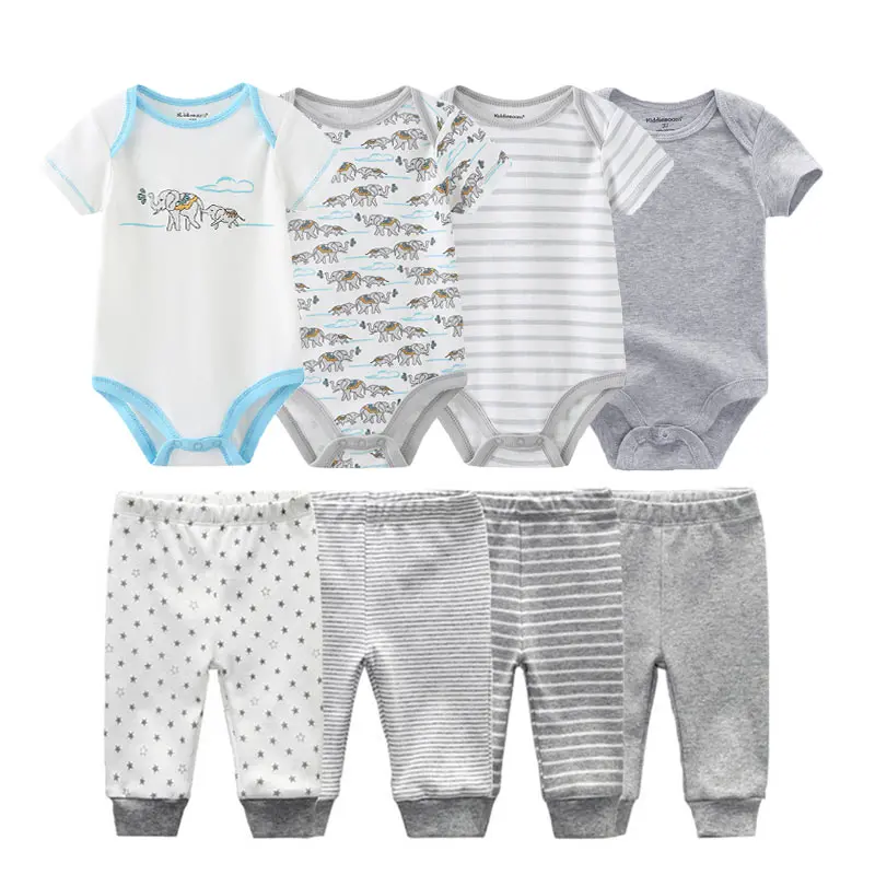 8点セット-0-1歳-乳幼児用-ニュートラルカラー服、マルチアニマルプリント-オールシーズン対応-通気性コットン-ユニセックス-ベビーロンパース＆パンツセット