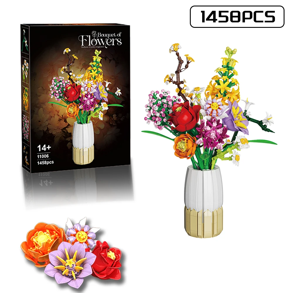 

New Bouquet Moc Building Blocks Diy 1458 PCS Eternal Rose Daisy Flower Bricks Educational Construction Toys For Kids Home Decor