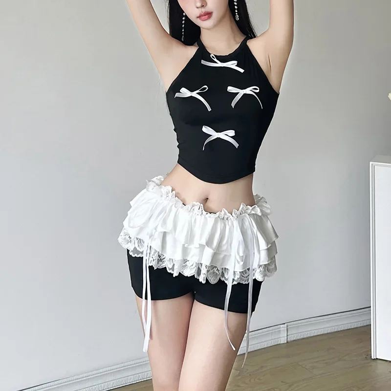 2024 New Harajuku Vintage Bowknot Decoration Black Two Piece Sets Casual Women Sexy Crop Tank Tops Fashion Lace Ruffles Shorts