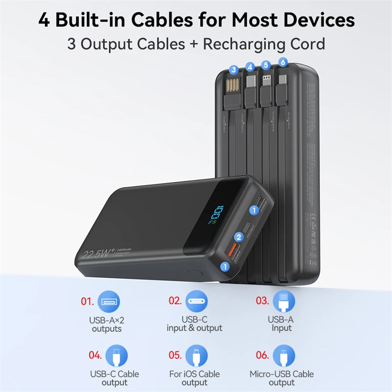 20000mAh Power Bank Built in Cable 22.5W Fast Charging External Battery for iPhone 17 Samsung Xiaomi Portable Charger Powerbank