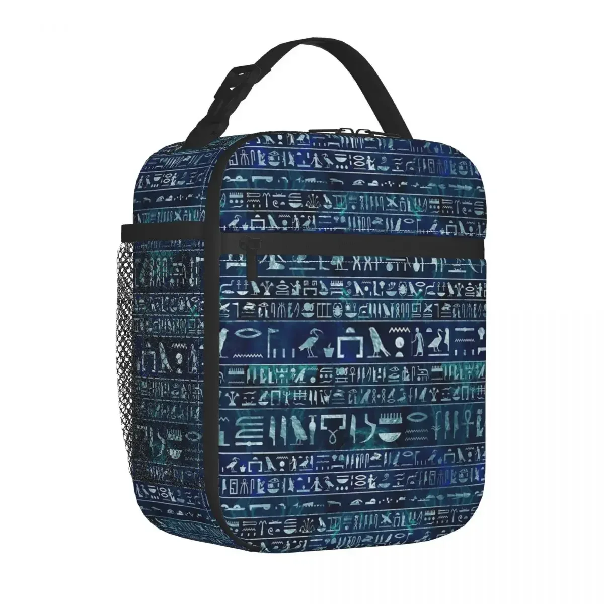 Egyptian Ancient Hieroglyphs Silver Blue Insulated Lunch Bag Eastern Language Food Box Portable Thermal Cooler Bento Box Work