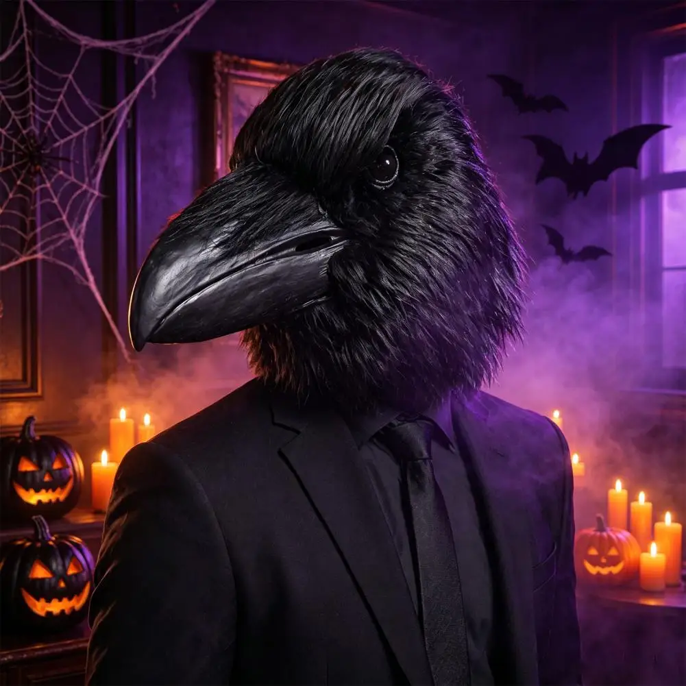 Halloween Crow Mask, Realistic Plush Bird Full Head Latex Mask, Vintage Steampunk Cosplay Costume, Long Beak Mask - view 4