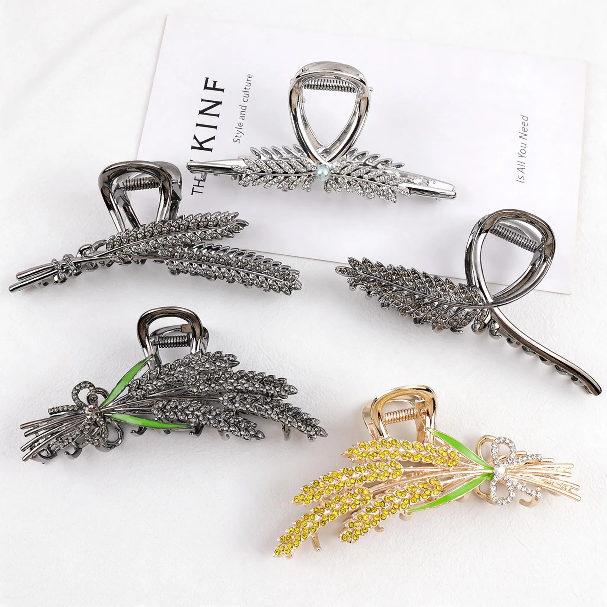 Shiny Rhinestone Wheat Ear Large Hair Claw Clips Strong Grip Non Slip For Thick Hair Elegant Korean Style Women Girls Daily Wear