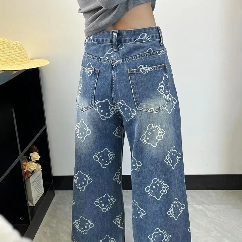 Kawaii Women Hello Kittys Printed Jeans Y2K Girls Cartoon Denim Pant Fashion High Waist Wide Leg Pant Teenager Casual Trousers - Image 4