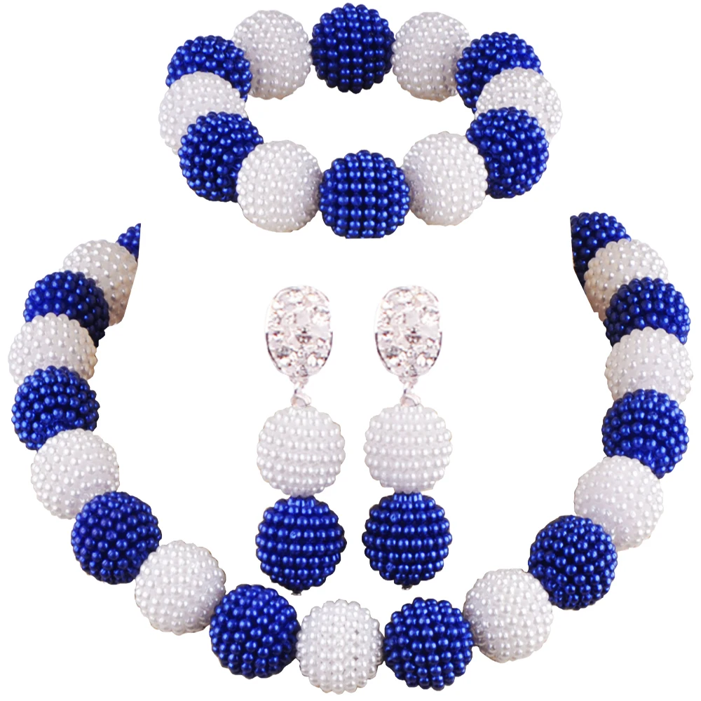 Laanc Latest African Beads Jewelry Set Royal Blue and White Simulated Pearl Nigerian Wedding Necklace AL703