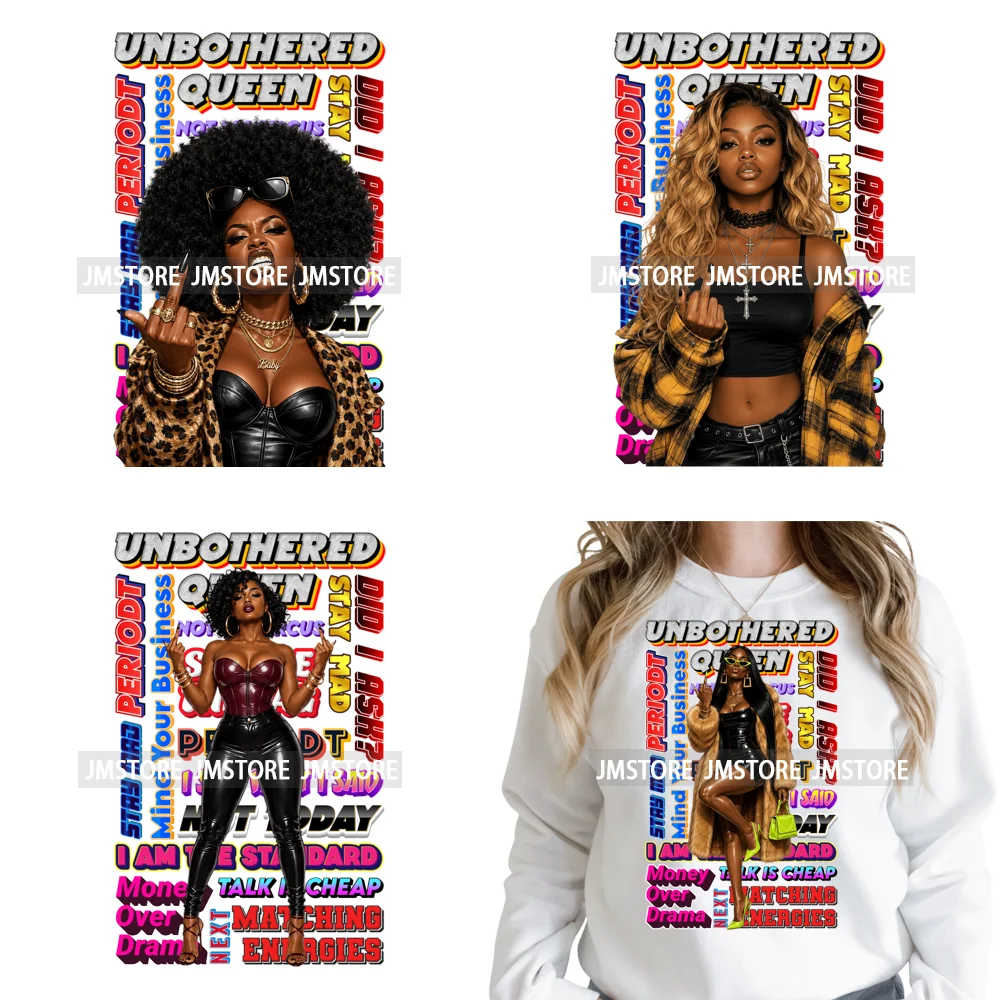 Cool Unbothered Melanin Queen Sassy Black Girls Moods Iron on Washable DTF Transfer Stickers Printing Ready to Press for Hoodies
