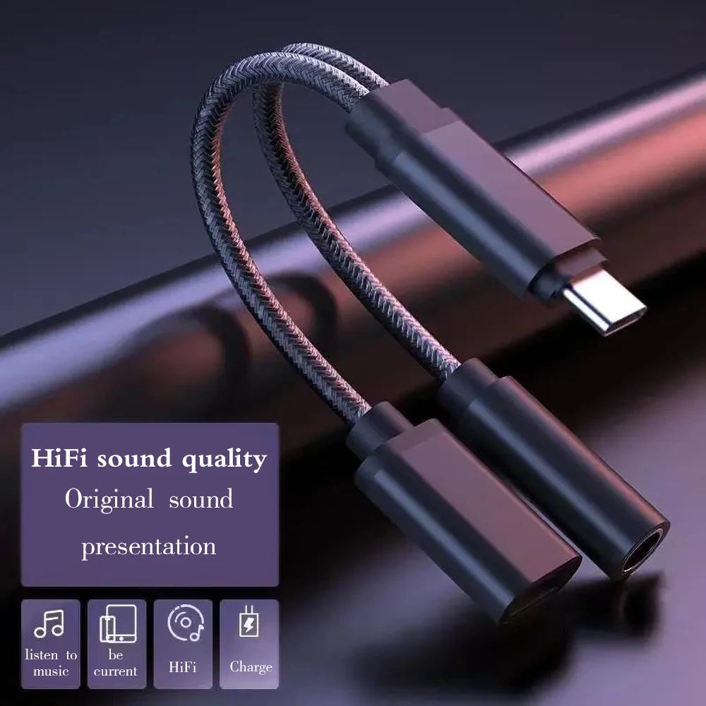 Type-C 2-in-1 Audio Charging Adapter Cable Type-C Male to Type-C Female Charging + 3.5mm Headphone Jack Adapter Compatible New