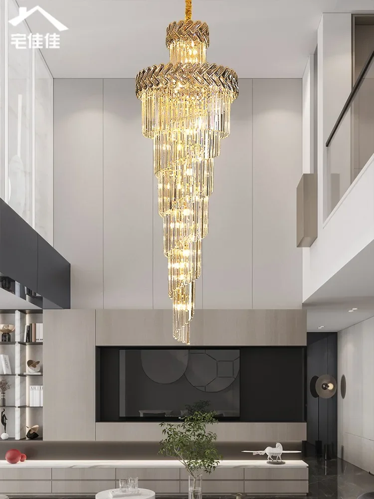 Duplex Villa Living Room Hollow Crystal Chandelier Postmodern Building in The Middle Floor To Rotate The Empty Hall Chandelier