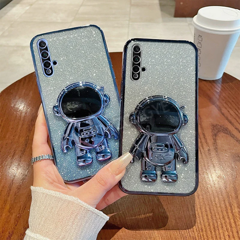 For Huawei Nova 5T Case Silicone Plating Bling TPU YAL-L21 YAL-L61 Phone Casing Protective Back Cover With Astronaut Bracket