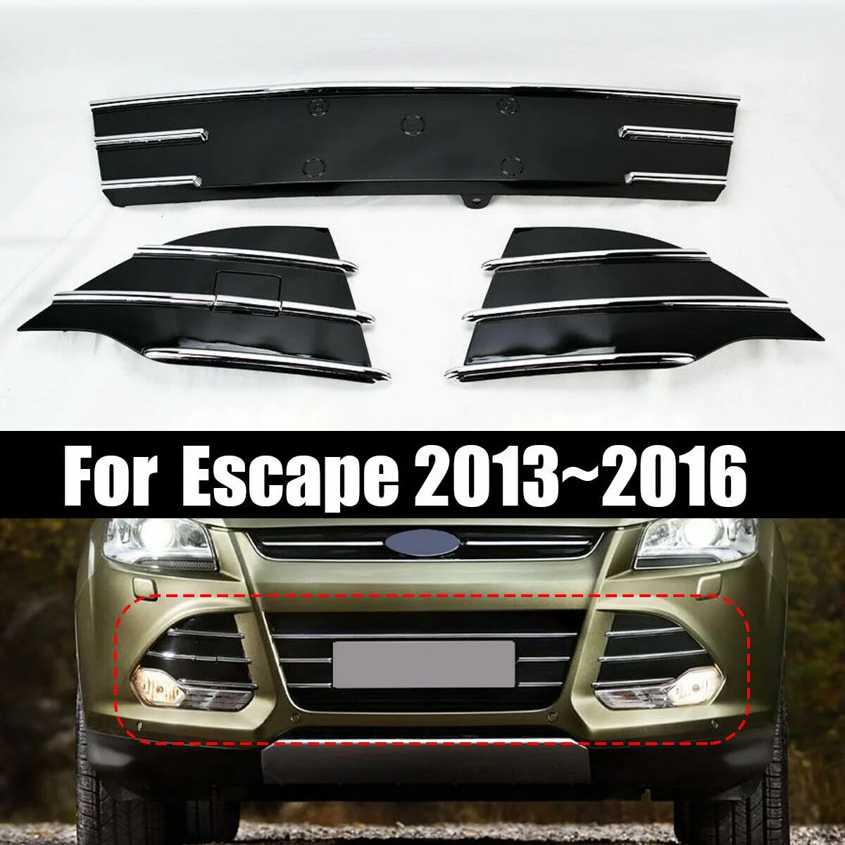 3 buah Bumper depan Trim ABS mobil penutup pelindung kabut kisi bawah untuk Ford Escape Kuga 2013-2016