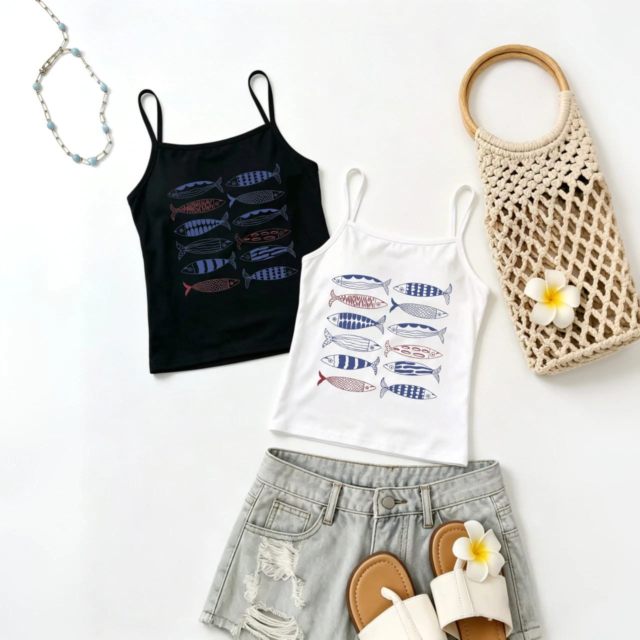 Navy Red Fish Cami Women Striped Print Tank Top Sleeveless Vest Summer Trendy Fashion Vibrant Daily Wear Cool Art Style Tee