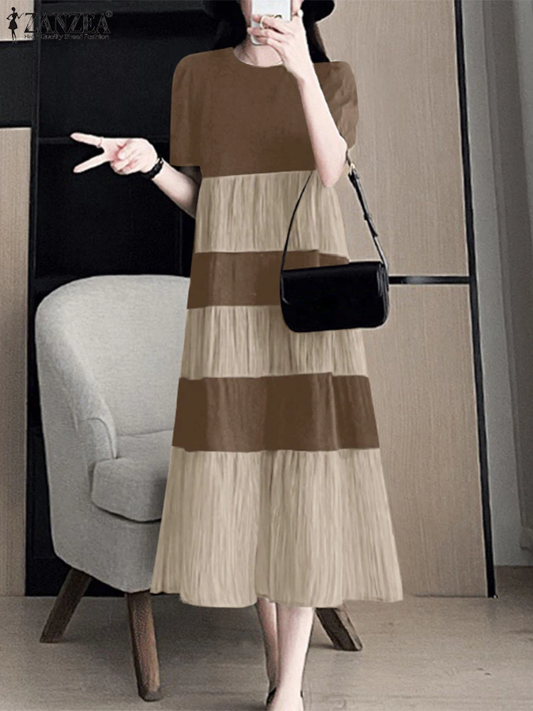 ZANZEA-Vestido Midi em Camadas com Decote A feminino, manga curta folhada, linha A, enrugado, curto, elegante, moda coreana, bloco de cores