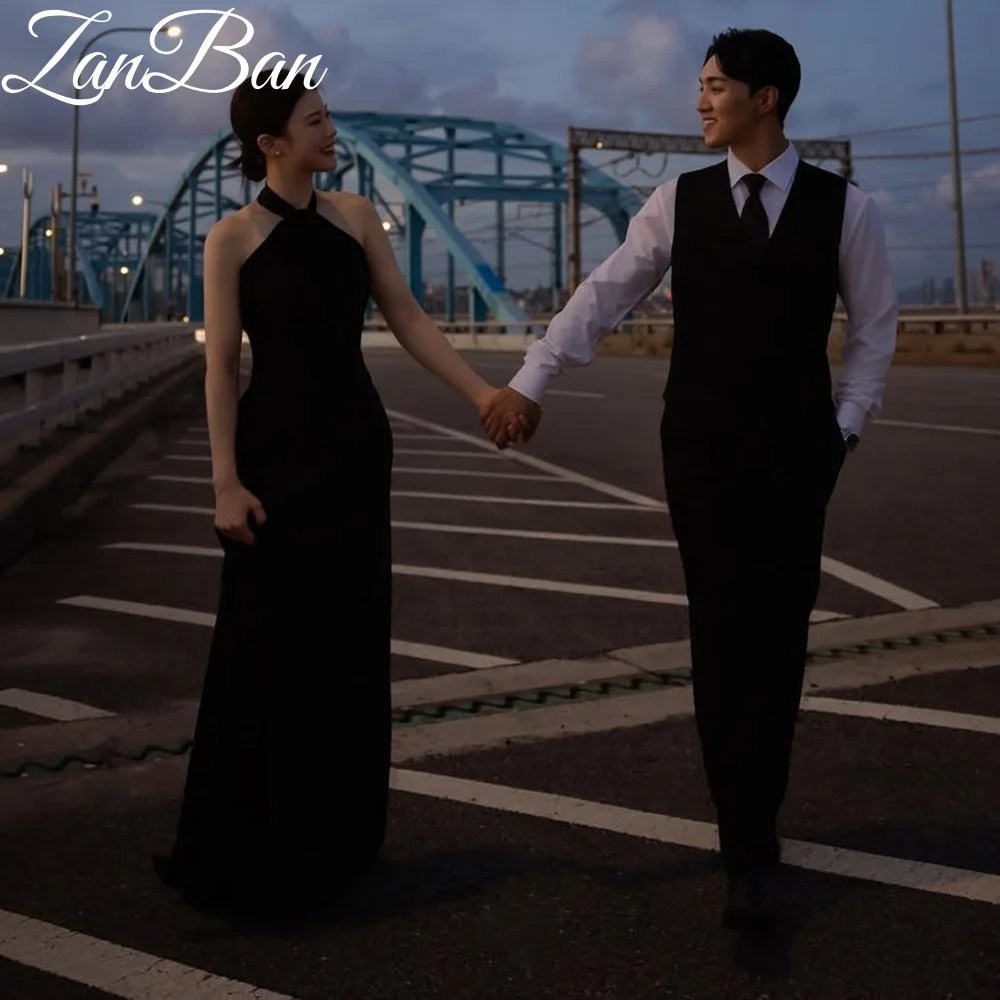 ZanBan Customized Black Satin Sheath A-line Wedding Party Dress 2026 Halter Sleeveless Design Korea Photoshoot new 웨딩드레스