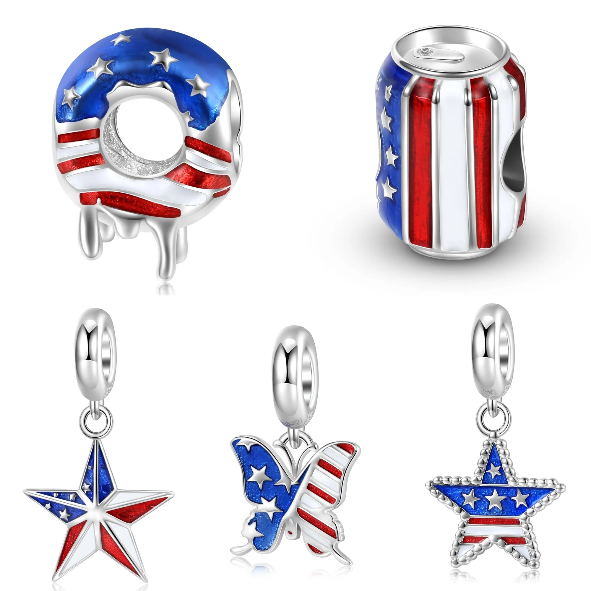 Stillhouse 925 Sterling Silver American Flag Style Blue Color Donut Five Point Star Bead Pendant Charms for Women Bracelet