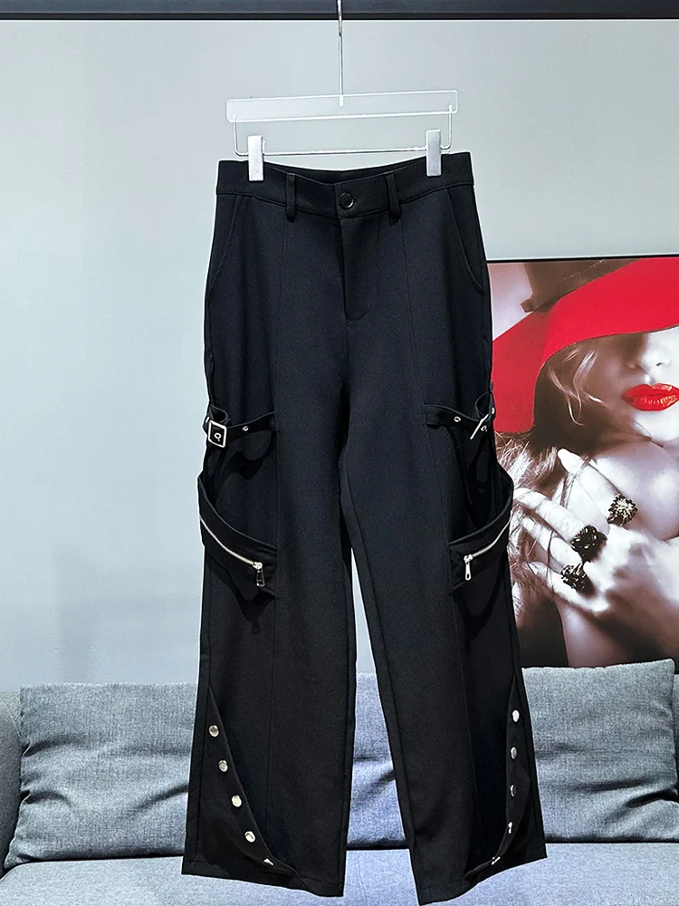 

Новые мужские брюки прямого кроя 2024 года с металлической молнией, декоративным ремнем, свободные повседневные брюки в американском стиле, деконструированный дизайн