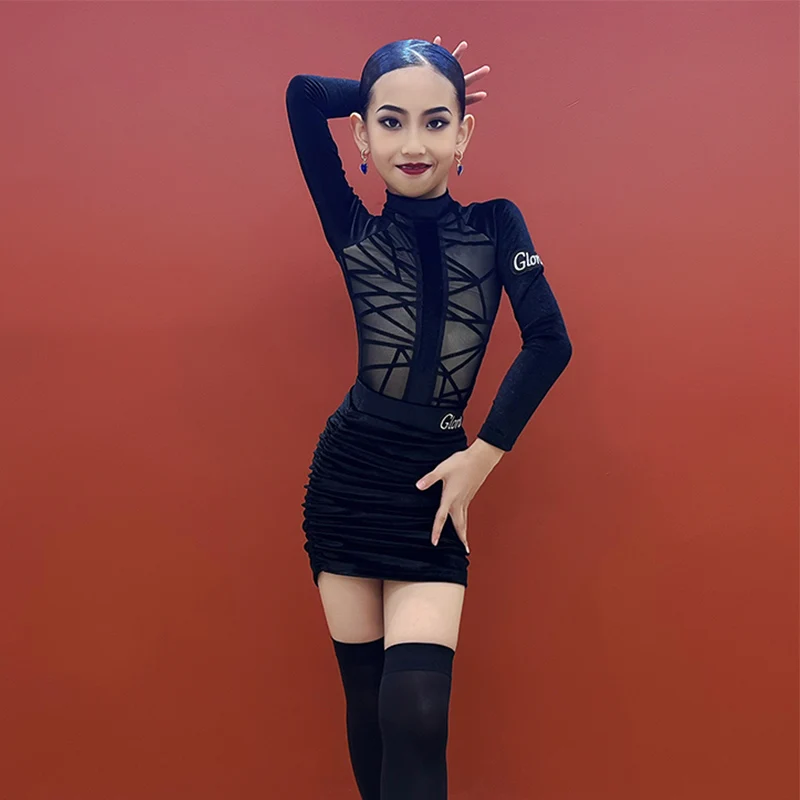 

Girls Latin Dance Competition Costume Long Sleeve Bodysuit Black Skirt Kids ChaCha Dancewear Samba Rumba Dancing Outfit DL9936