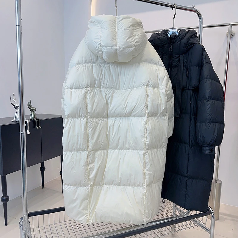 Schinteon Women White Duck Down Long Jacket Casual Loose Over Size Autumn Winter Outwear with Hood Korean Style Thick Coat 2026
