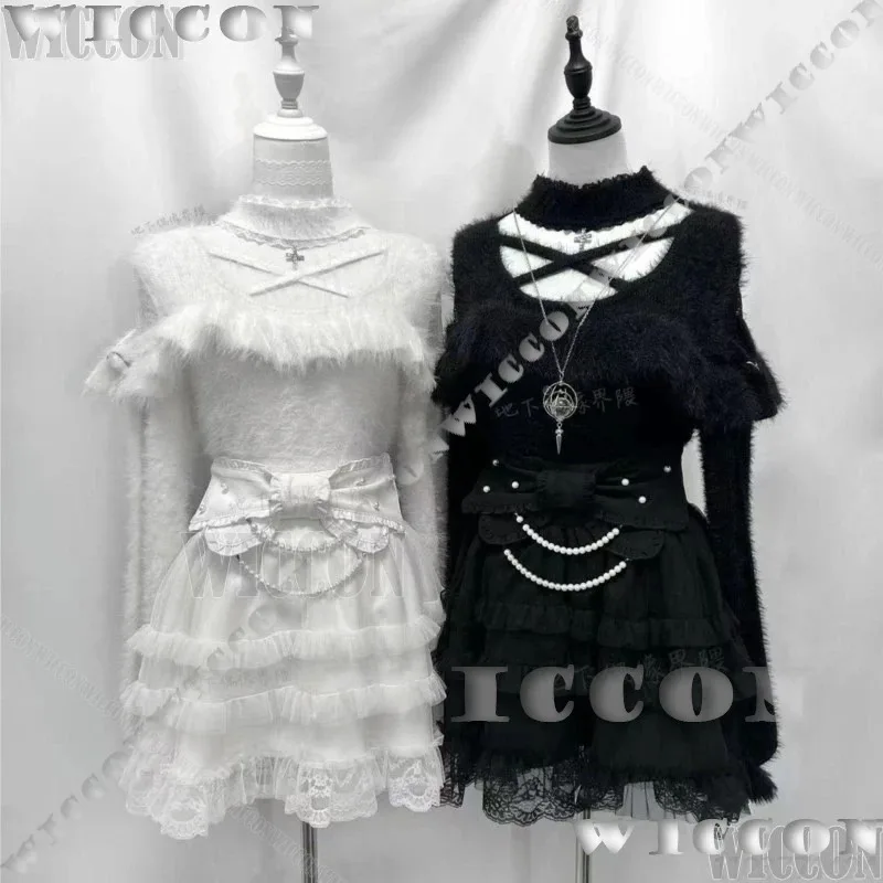 Kostum Cosplay Gadis Jirai Kei Pakaian Idola Bawah Tanah Sweater Bertali Rok Tipis Pita Kue Gaun Hitam Putih Wanita Disesuaikan;
