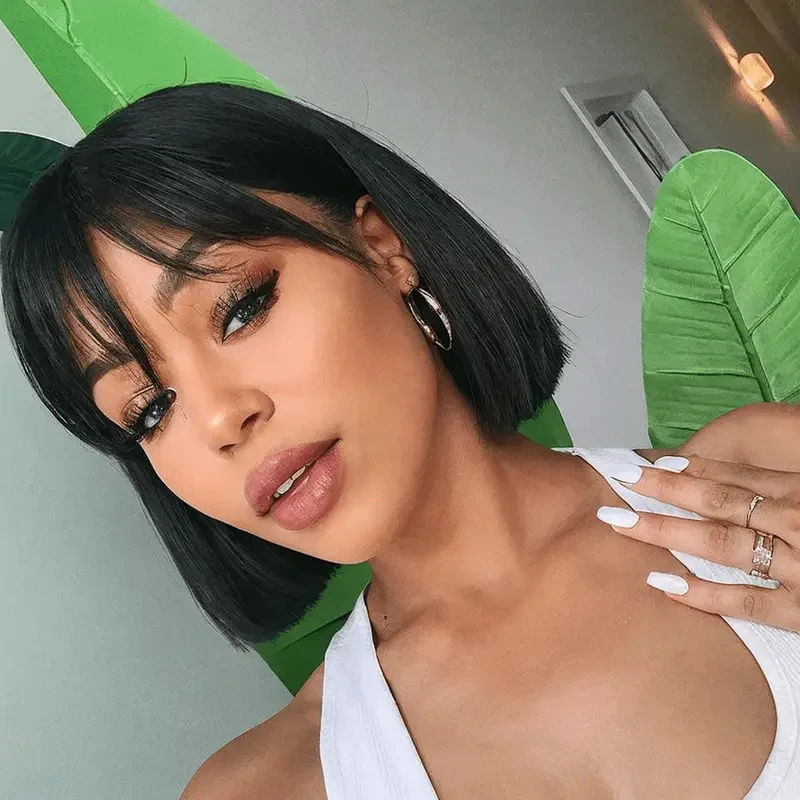 

HAIRTIME Straight Short Bob Glueless Wig with Bangs HD Lace 180% Density Bob Glueless HD Lace Bob With Bang Glueless Wigs