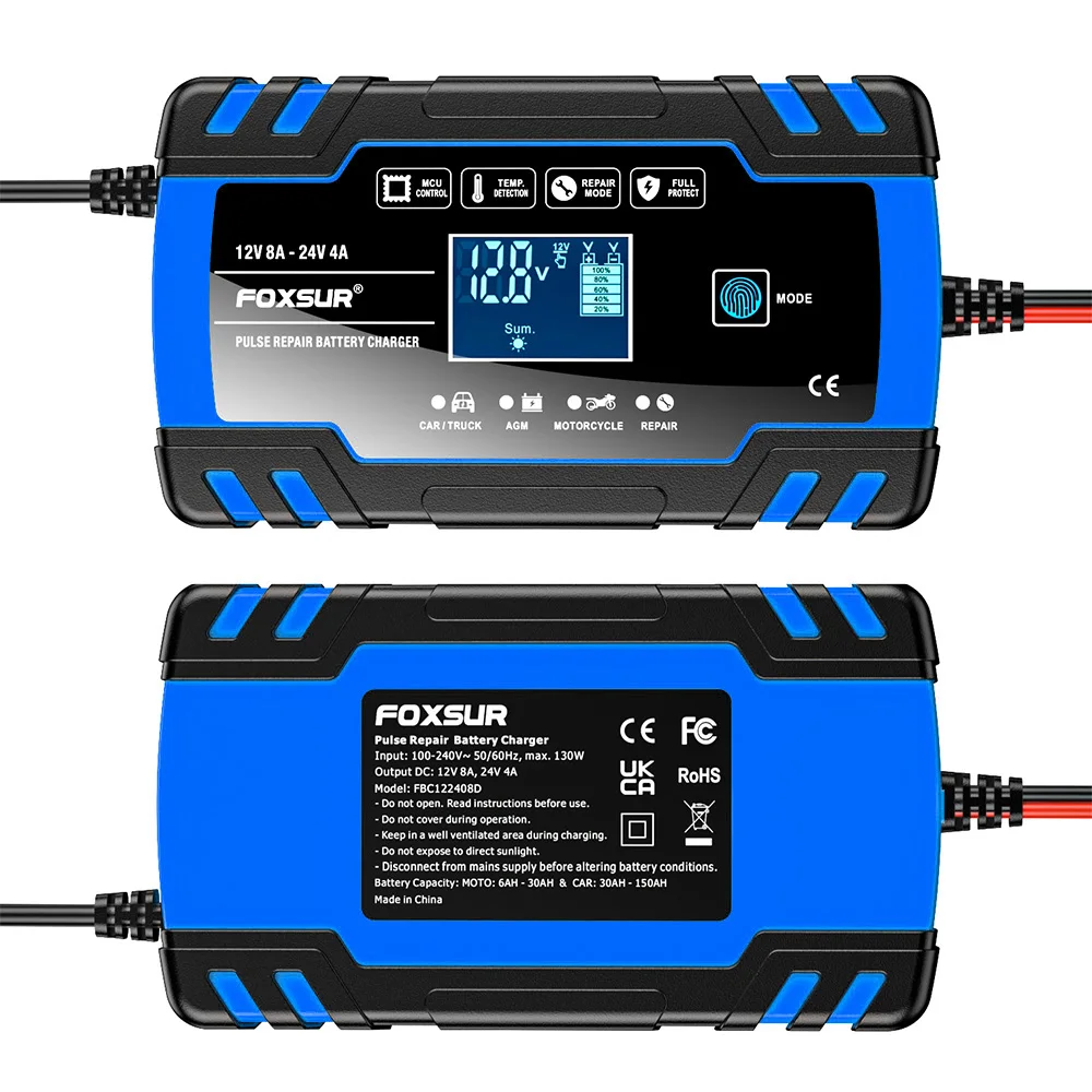 FOXSUR Car Battery Charger 12V 8A 24V 4A Touch Screen Pulse Repair LCD Fast Power Charging Wet Dry Lead Acid Digital LCD Display