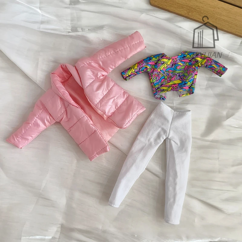 Fashion Winter Pink Down Jacket+Geometric Top+White Trousers Set For 1/6 Supermodel Doll Dress Up 30cm Doll Clothes Accessories