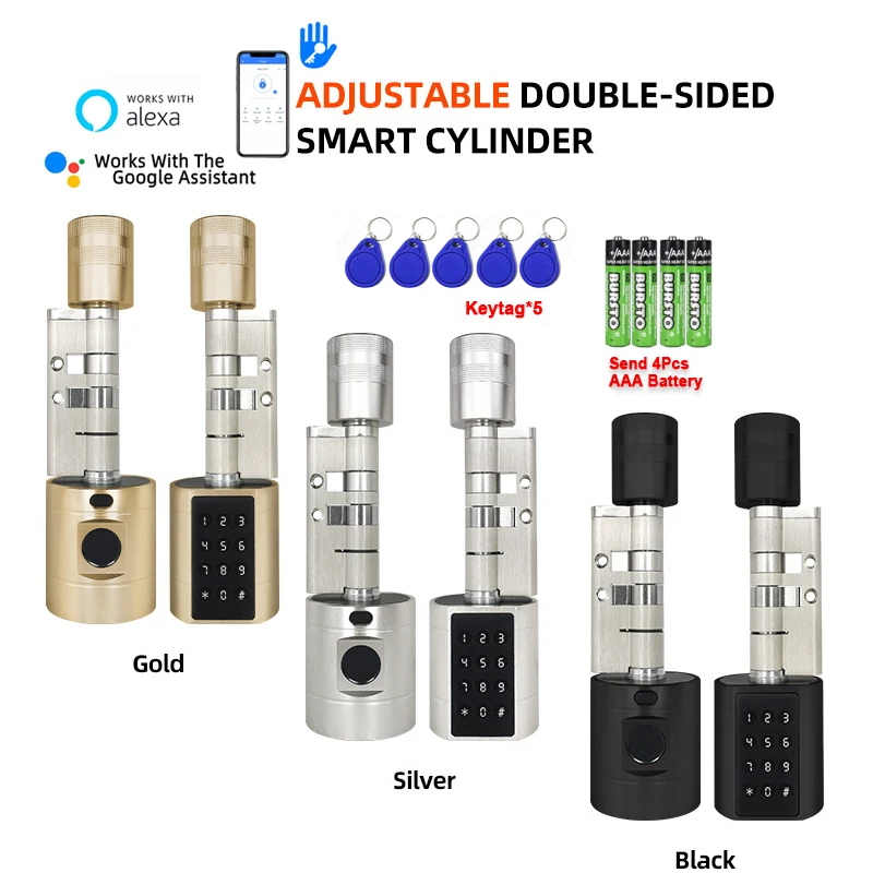 TTLock Keyless Smart Cylinder Fingerprint Lock with 4Pcs AAA Battery Adjustable Length Biometric Fingerprint Door Lock with App