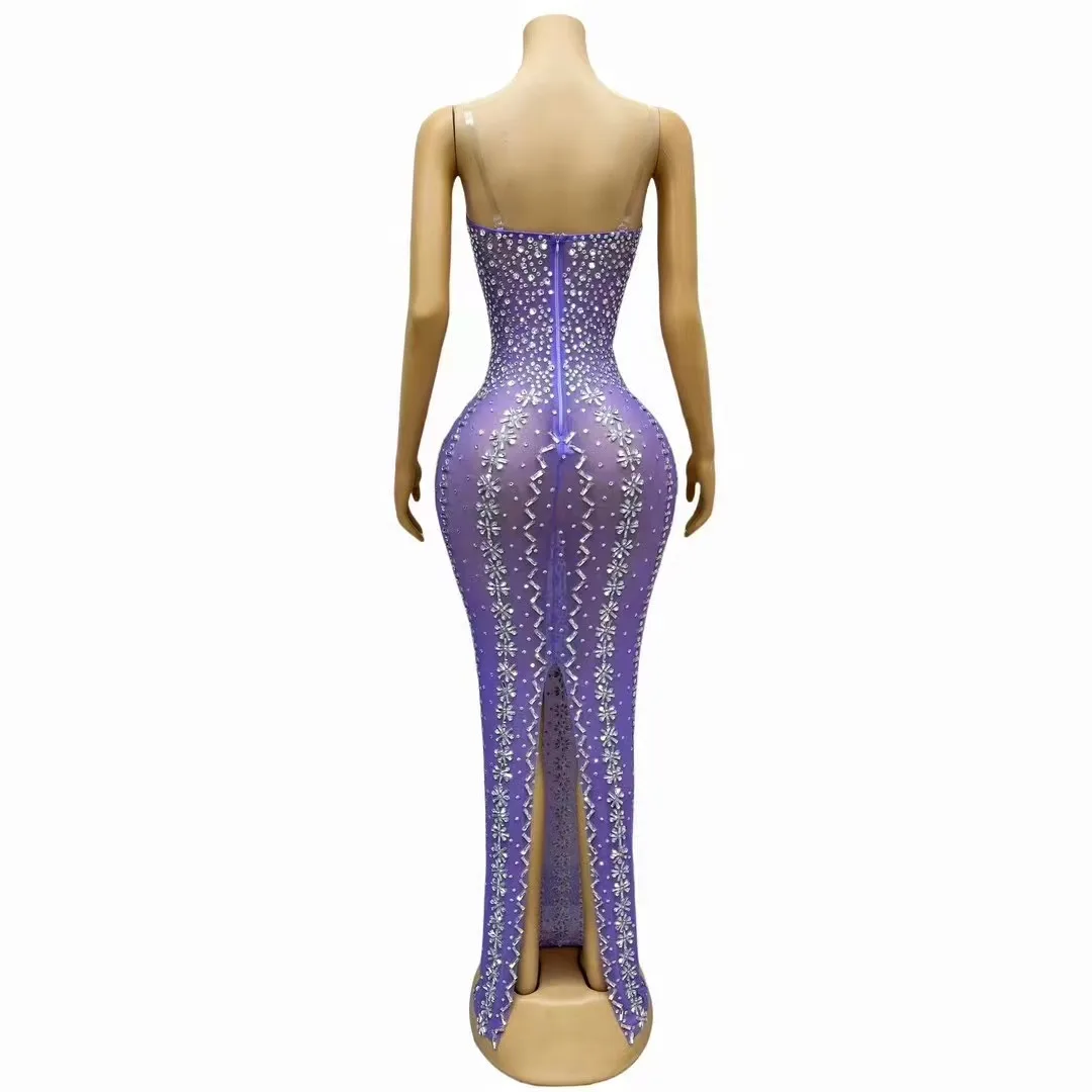 Sparkly Rhinestones Purple Long Dress for Women Sexy Mesh See Through Celebrate Evening Prom Birthday Dress Photo Shoot Wear