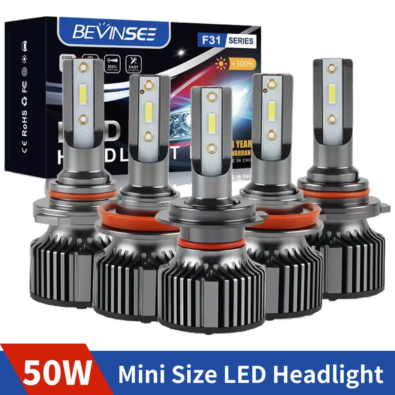 BEVINSEE F31B H4 H7 H11 H1 H3 LED Headlight Bulbs 9005 HB3 9006 HB4 880 881 9004 9007 H13 Hi/Lo LED Headlamp for Auto 6000K 12V