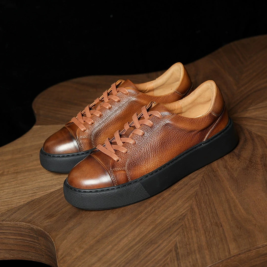 

High Grade New 2025 Autumn Men Full Grain Leather Casual Shoes Thick Sole Brown Men Cowhide Leather Sneakers
