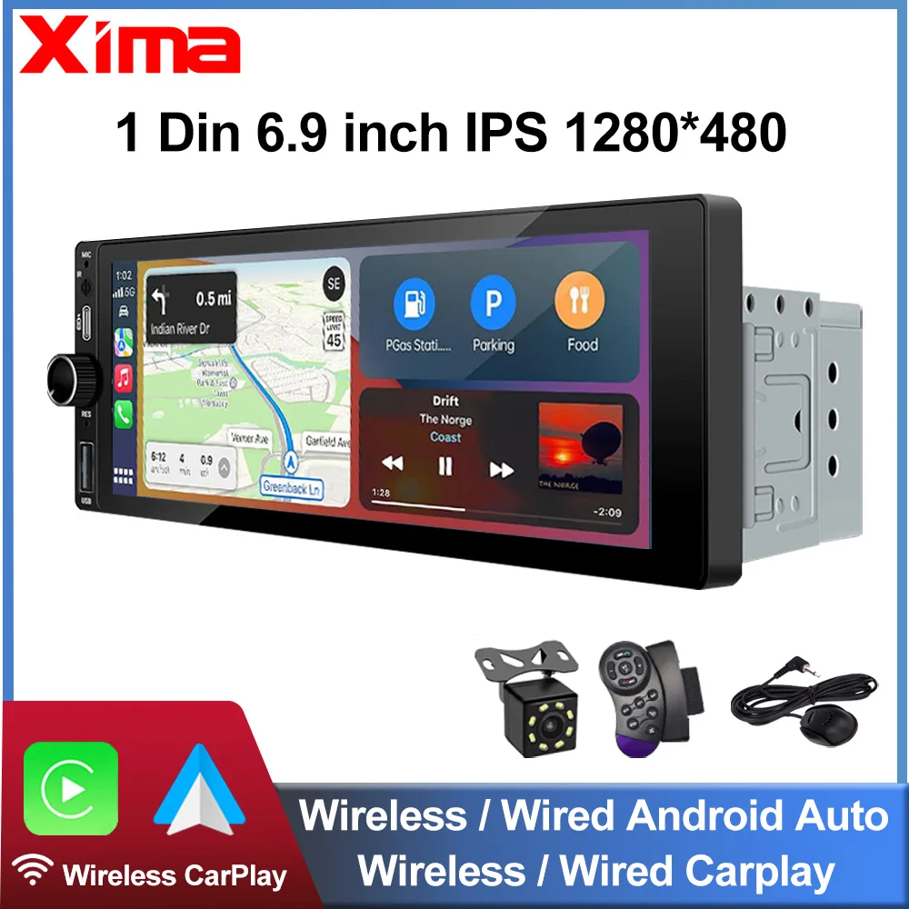 XIMA 6.9inch Car Radio Wireless CarPlay Android Auto MP5 Bluetooth FM USB IPS Touch Screen Multimedia Player Universal 1Din