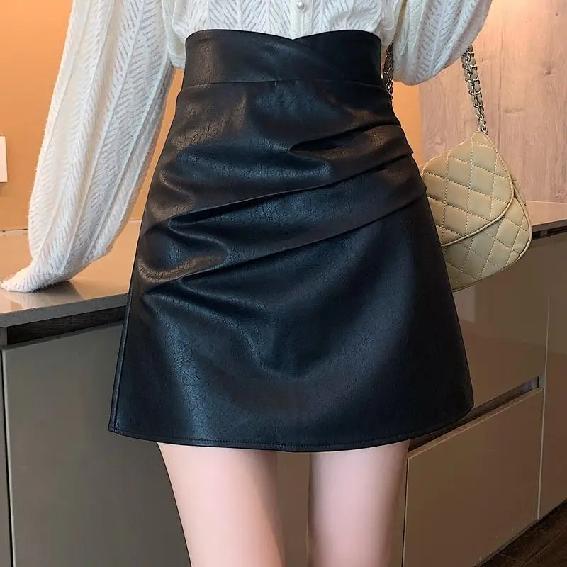 

Black High Waist Leather Skirt, 2025 Winter A-Line Pencil Skirt, Women's Faux Leather Bodycon Mini Skirt