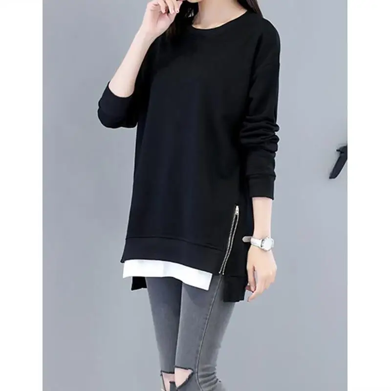 Korean O Neck Black Zipper Patchwork Tunic Pullover Top Female Casual Loose Long Sleeve Streetwear Sweatshirt Women Clothing 4XL